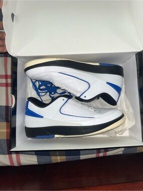 Men's White and Blue Jordan 2s